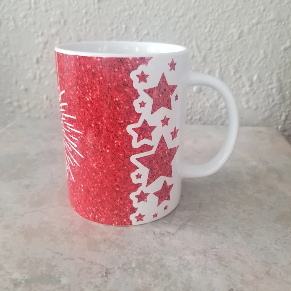 New custom made 15 oz. Mug white with red stars and firework design - Picture 2 of 3